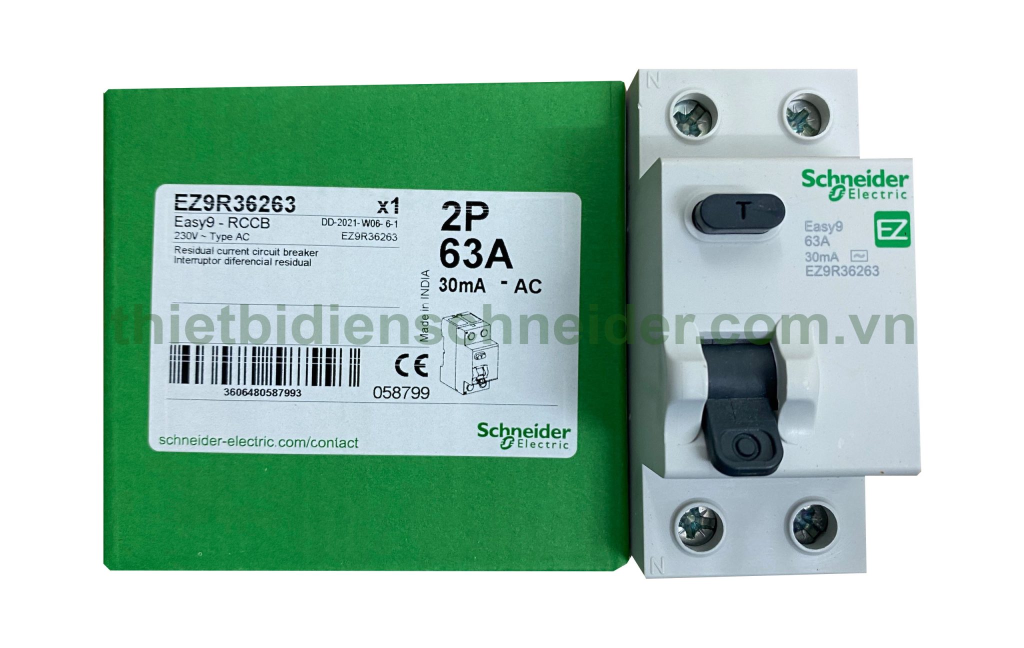 Aptomat chống giật EZ9R36263 2P 63A 30mA RCCB Schneider