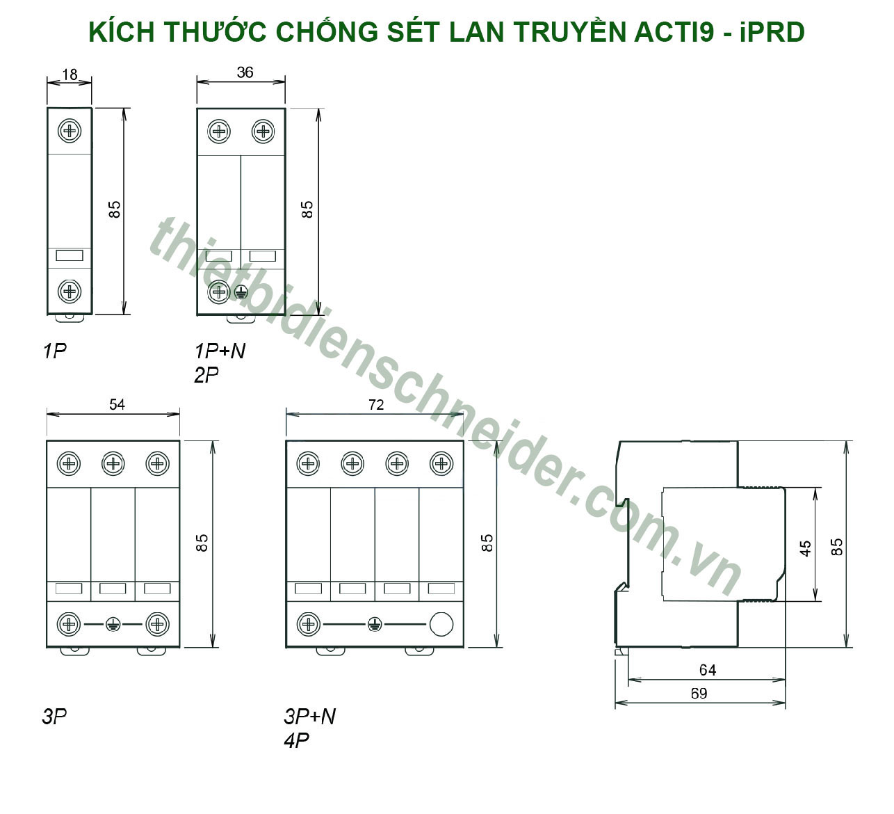 Chống sét lan truyền A9L20600 3P+N 20kA Schneider Kích thước chống sét lan truyền Acti9 - iPRD Schneider