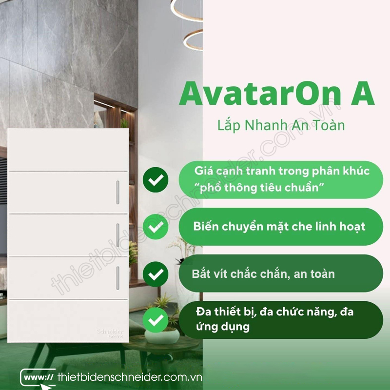 M3T31_E2S_WE | Công tắc 2 chiều AvatarOn A Schneider, 16A, size E(3S), bắt vít Tính năng công tắc ổ cắm Schneider AvatarOn A, bắt vít