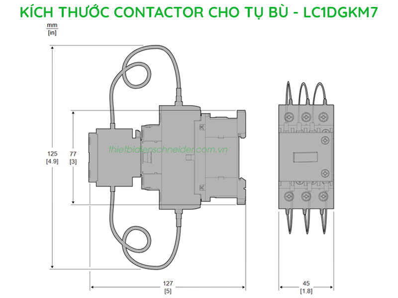 LC1DGKM7 Schneider | Contactor cho tụ bù 16.7kVAR ở 400/415V cuộn dây 220VAC Kích thước Contactor cho tụ bù Schneider LC1DGKM7