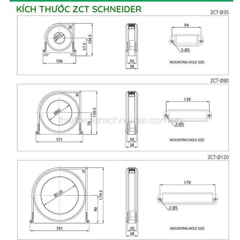Biến dòng thứ tự không ZCT-120-Z Schneider Samwha Kích thước biến dòng ZCT Schneider