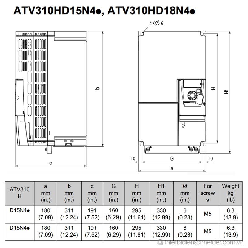 ATV310HD15N4E - Biến tần Schneider 15kW 3 pha 380V Kích thước biến tần ATV310HD15N4E và ATV310HD18N4E