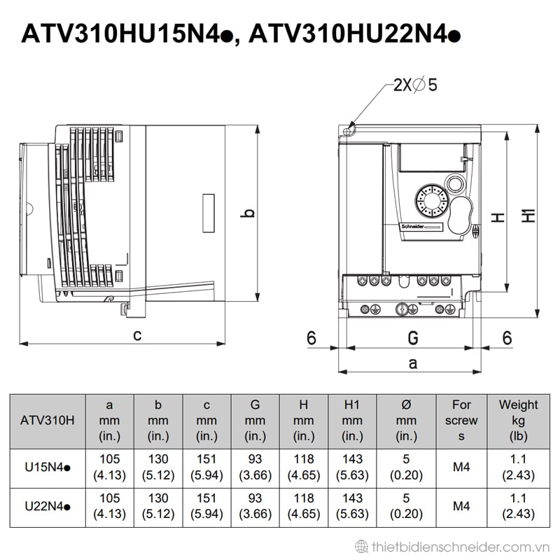 ATV310HU22N4E - Biến tần Schneider 2.2kW 3 pha 380V Kích thước biến tần ATV310HU15N4E và ATV310HU22N4E