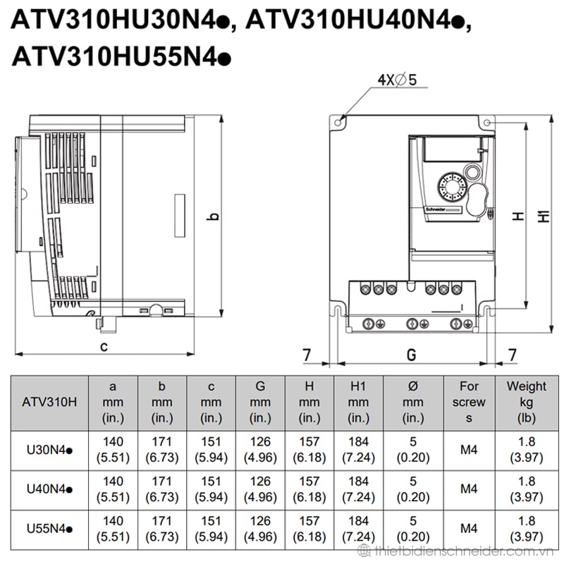 ATV310HU30N4E - Biến tần Schneider 3kW 3 pha 380V Kích thước biến tần ATV310HU30N4E, ATV310HU40N4E và ATV310HU55N4E