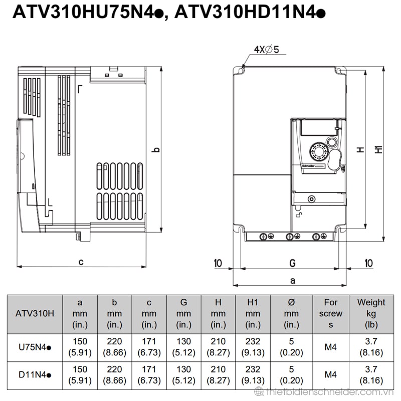 ATV310HD11N4E - Biến tần Schneider 11kW 3 pha 380V Kích thước biến tần ATV310HU75N4E và ATV310HD11N4E